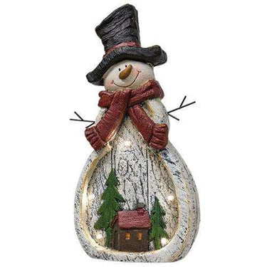 Light Up Resin Snowman With Winter House Scene - The Fox Decor
